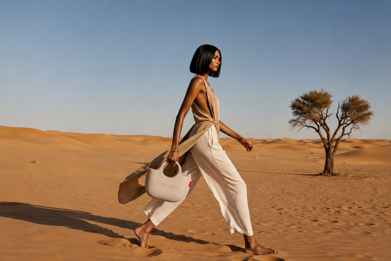 Model carrying a white Fungoofun tote bag in the UAE desert - mobile hero