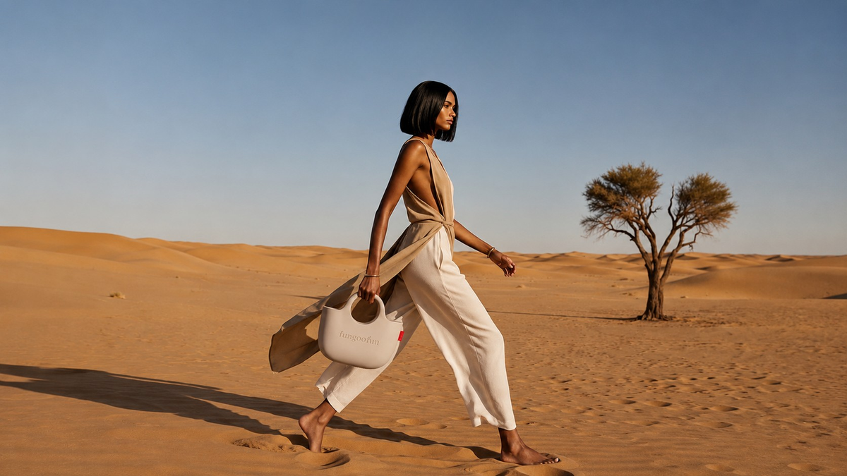 Model carrying a white Fungoofun tote bag in the UAE desert - Made to Get Noticed hero
